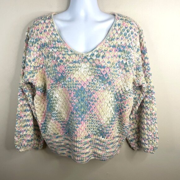 Vintage Womens Chunky Baggy Crochet Pullover Sweater Large Pastel Hipster Comfy - Picture 1 of 9